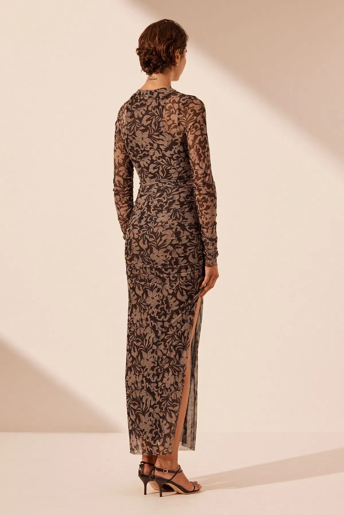Shona Joy Zoe Long Sleeve Gathered Midi Dress Black/Sand Floral Print Size L / AU 12 - Image 3