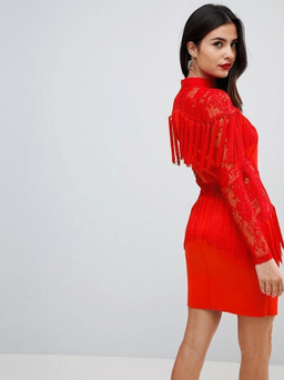 Ultimate Fringe Long Sleeve Lace Red Mini Dress Size 6 for rent on The Volte - image 3