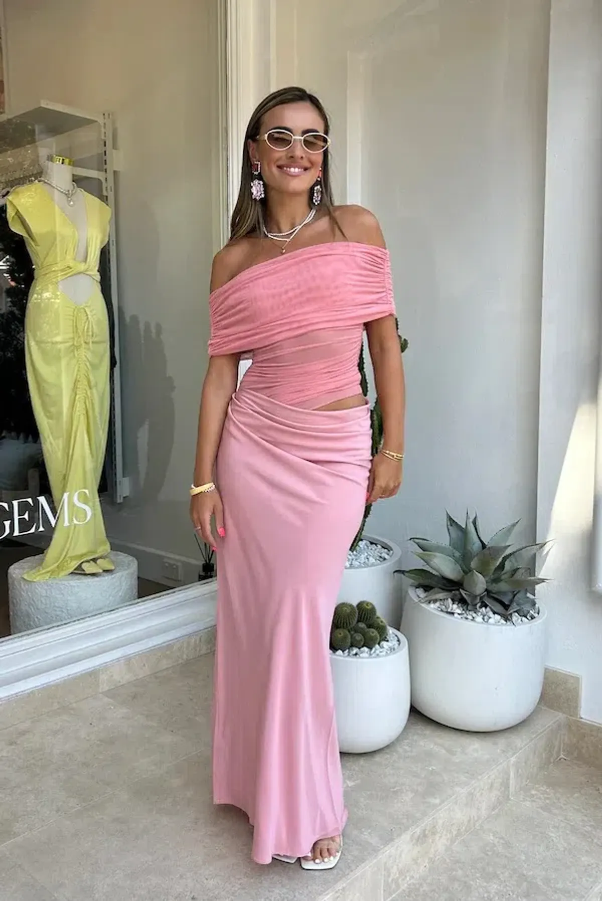 Benni Nico Off Shoulder Maxi Dress Candyfloss Pink Size 8 - Image 1