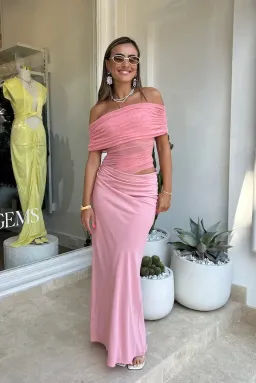 Benni Nico Off Shoulder Maxi Dress Candyfloss Pink Size 8  for rent on The Volte - image 1