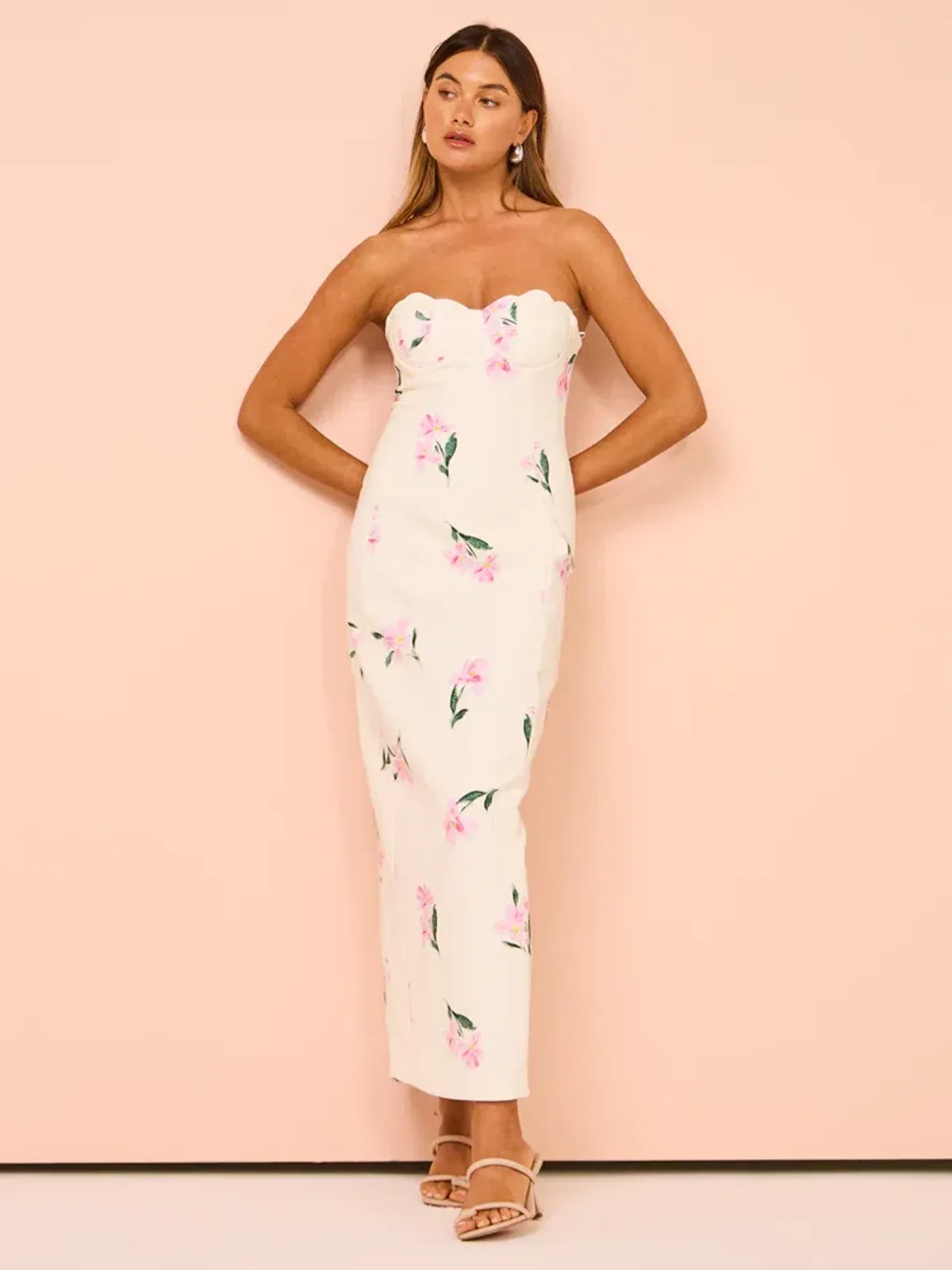 Issy Scalloped Bodice Midi Dress In Rose Print AU 14 - Image 6