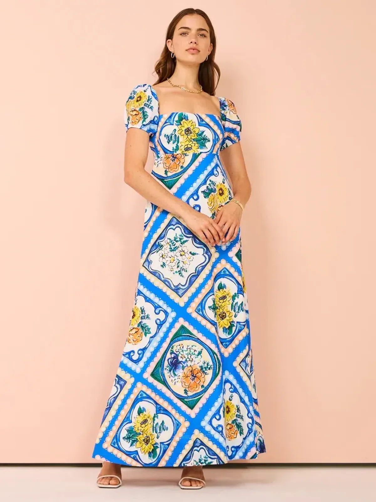 By Nicola Mariposa Puff Sleeve Maxi Dress in Azure Floral Size 8 - Image 1