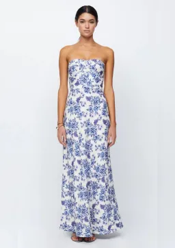 Bec & Bridge Audette Strapless Linen Maxi Dress Floral White Blue Size XS/ AU 6 for rent on The Volte - image 1
