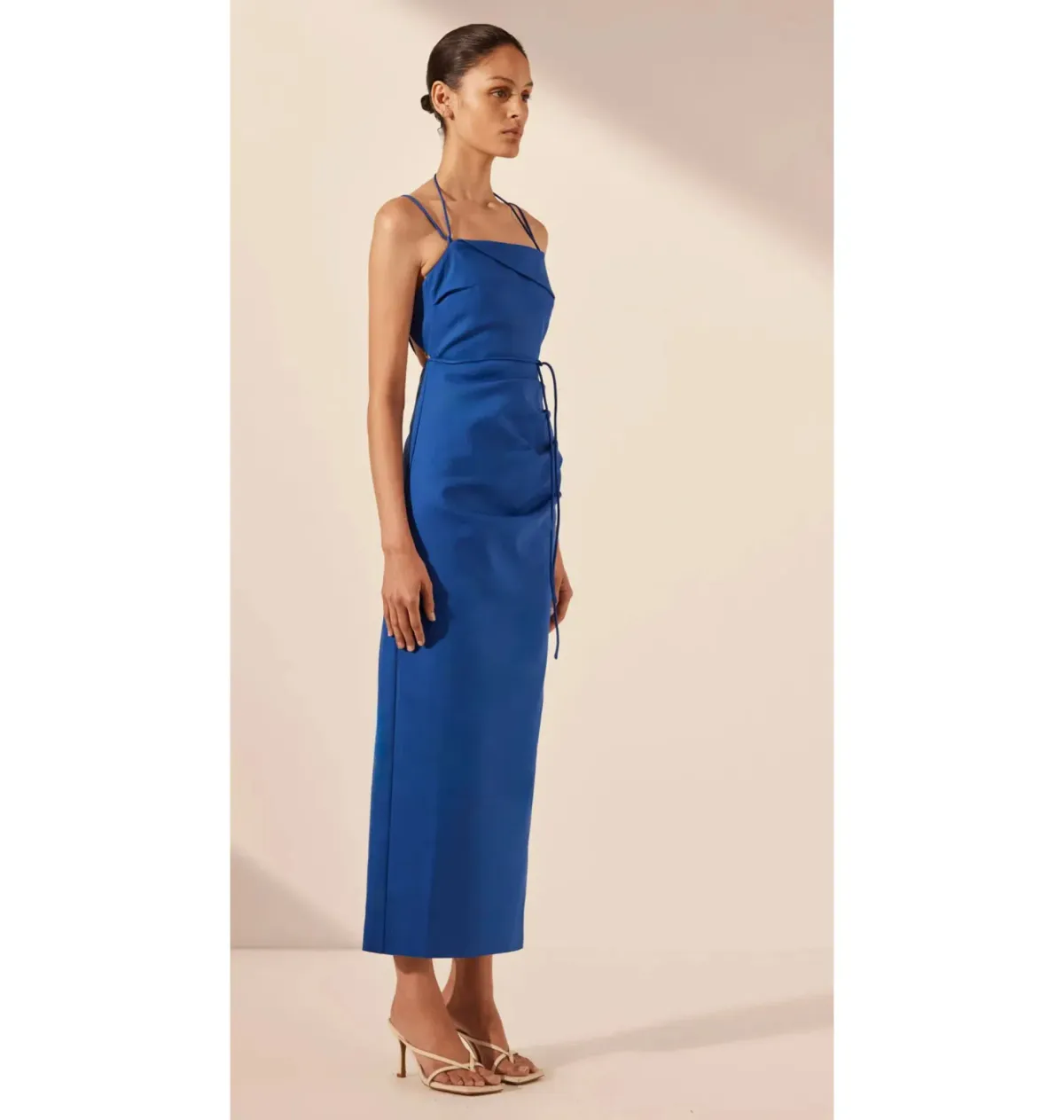 Shona Joy Lani Draped Cross Back Midi Dress Azure Blue Size AU 14 - Image 2