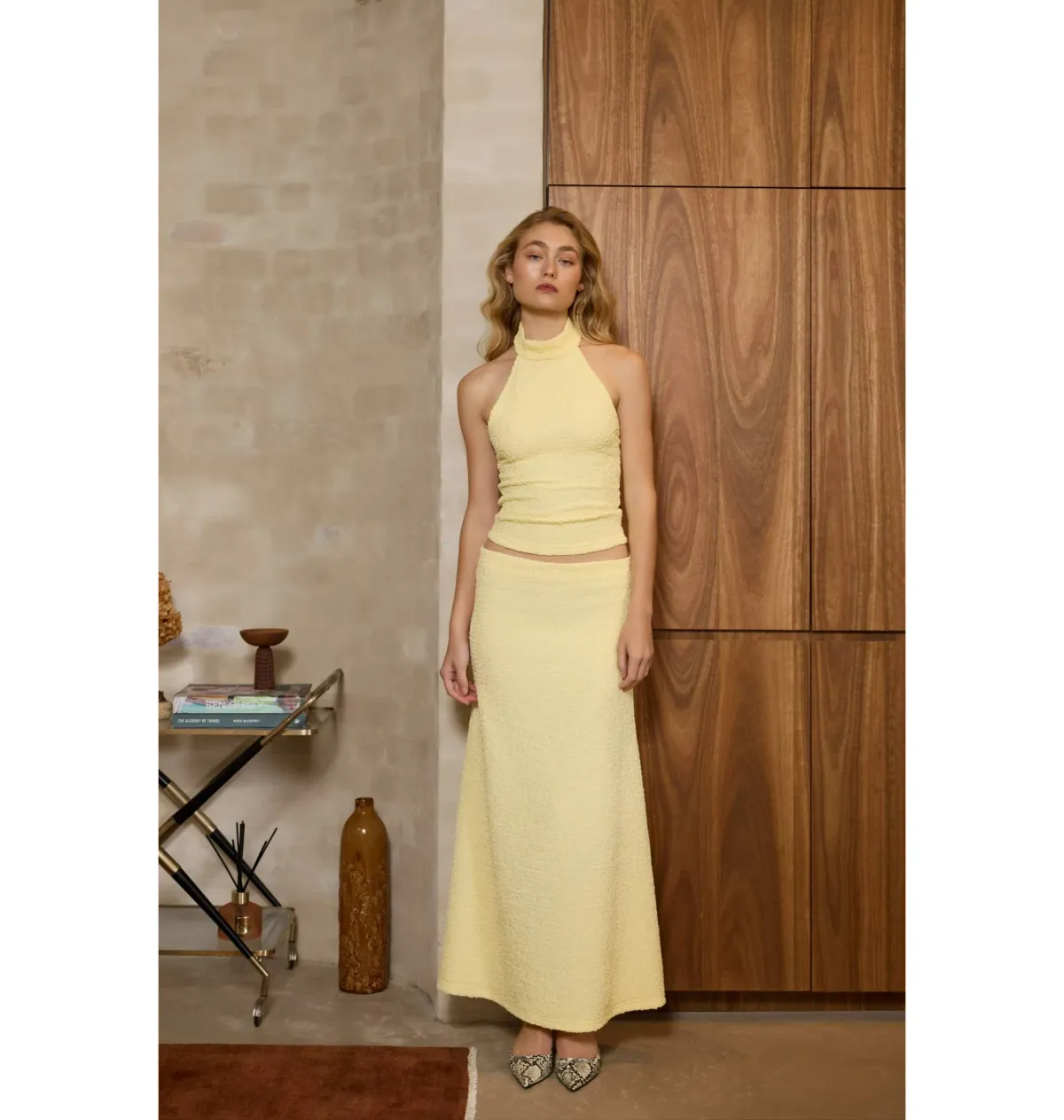With Harper Lu Textured Halter Top and Maxi Skirt in Limoncello Set Size XS / AU 6 - Image 1