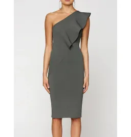 Scanlan Theodore Crepe Knit One Shoulder Ruffle Midi Dress Khaki Size XS / AU 6  for rent on The Volte - image 2