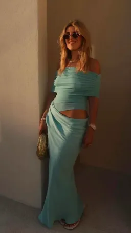 Nico Off Shoulder Maxi Dress Size 10 Aquamarine for rent on The Volte - image 1
