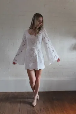 Alice McCall Obscurity Broderie Anglaise Bell Sleeve Belted Mini Dress White Size 8 for rent on The Volte - image 5