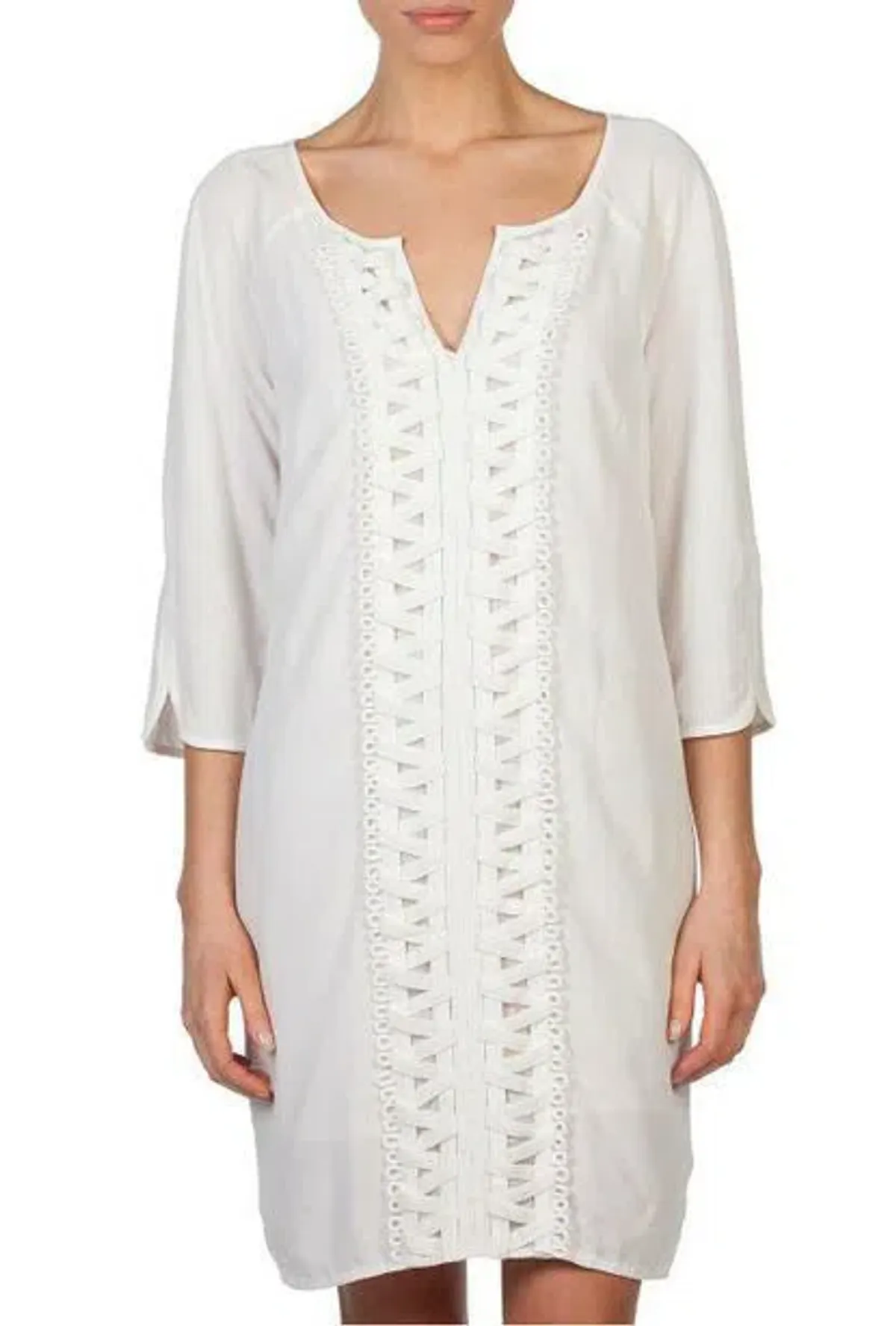 Country Road Lattice Trim 3/4 Sleeve Kaftan Shift Dress White Size 10 - Image 1