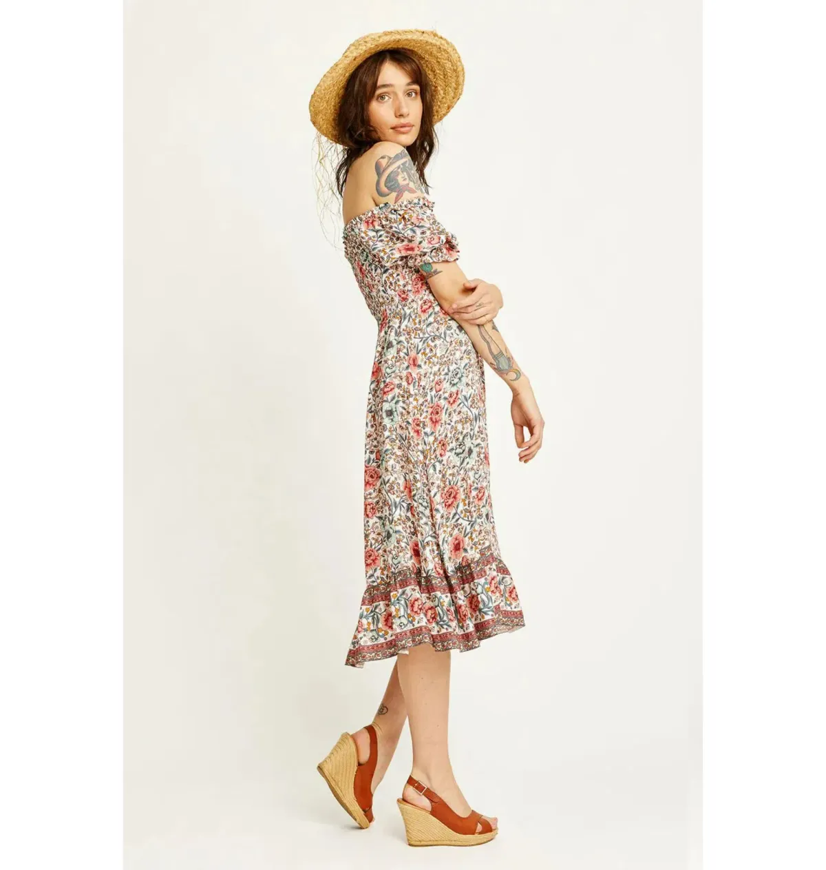 Arnhem Juliette Shirred Midi Dress in Ivory Rose Size AU 8 - Image 2