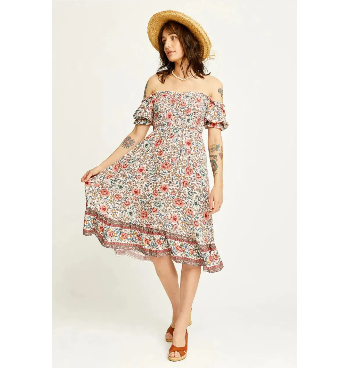 Arnhem Juliette Shirred Midi Dress in Ivory Rose Size AU 8 - Image 1