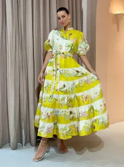 Alemais Ira Tiered Midi Dress Lemon/Cream Size 14 for rent on The Volte - image 1