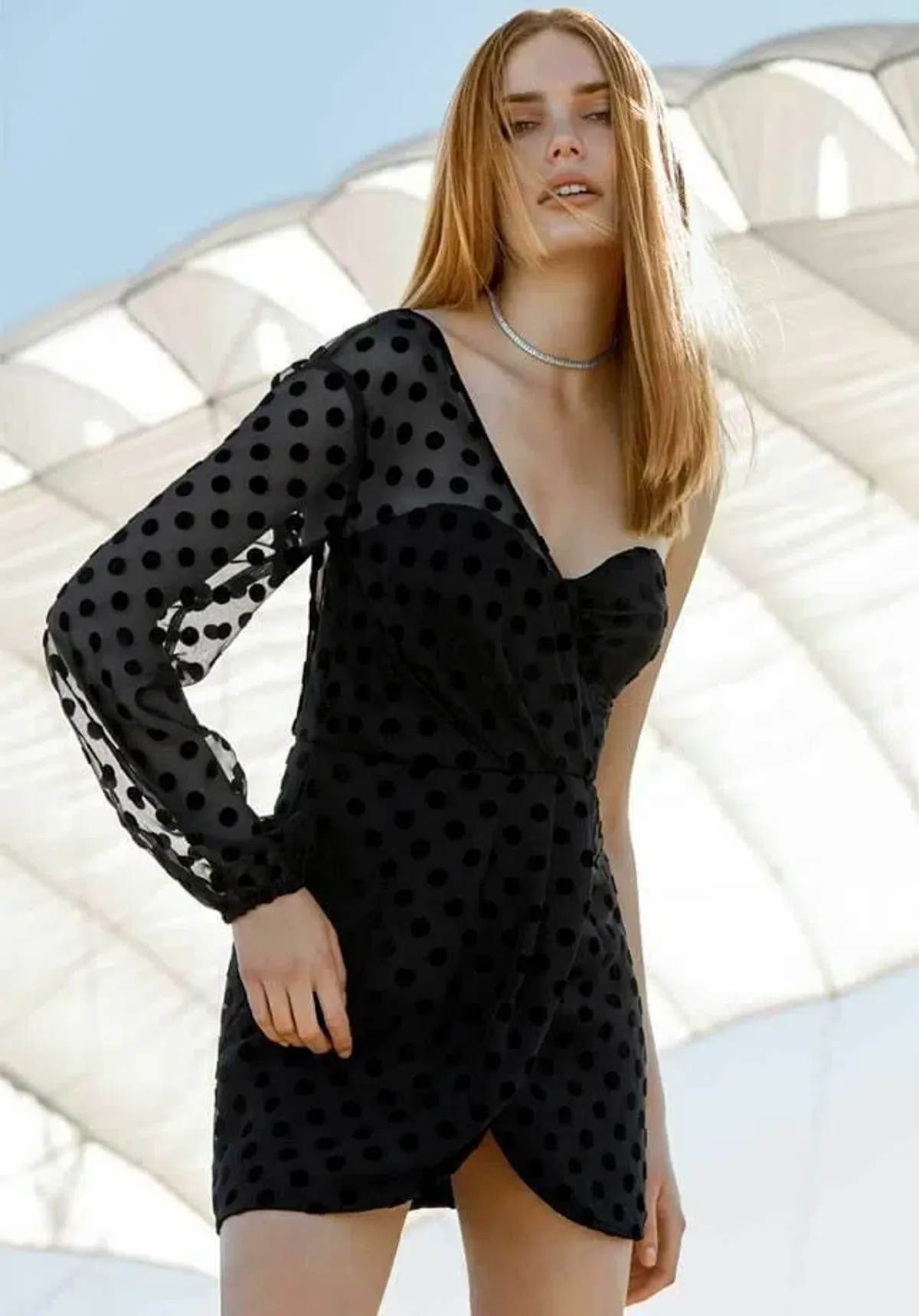 Sheike Revenge Mesh Polka Dot One Sleeve Mini Dress Black Size 8 - Image 2