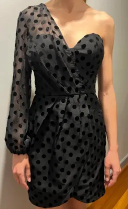Sheike Revenge Mesh Polka Dot One Sleeve Mini Dress Black Size 8 for rent on The Volte - image 3