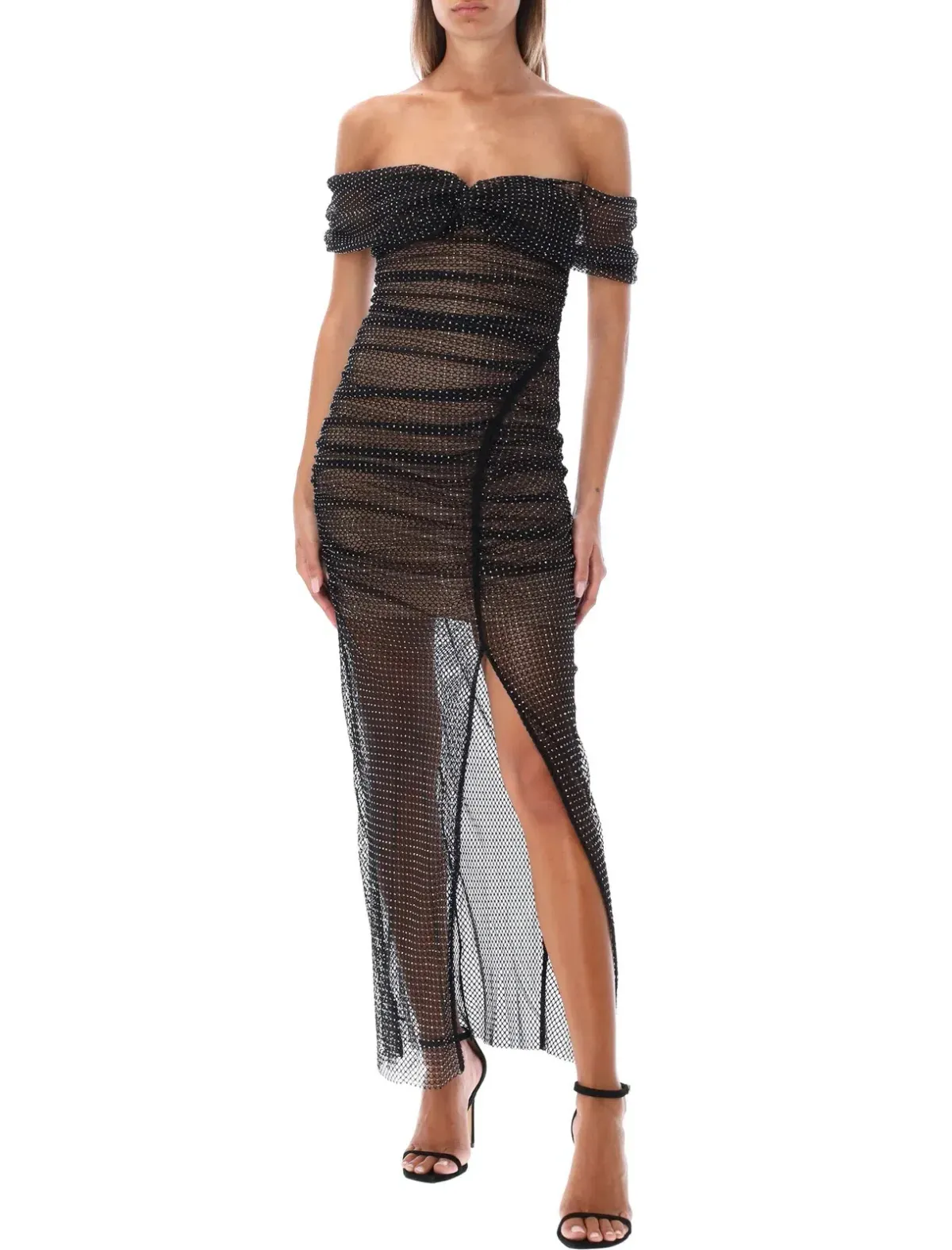 Self Portrait Diamante Fishnet Off Shoulder Midi Dress Black Size 10 - Image 1
