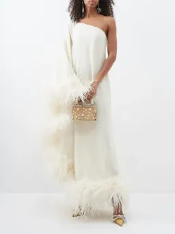 Taller Marmo Ubud One Shoulder Feather Trimmed Crepe Maxi Dress Ivory Size 38 / AU 6 for rent on The Volte - image 4