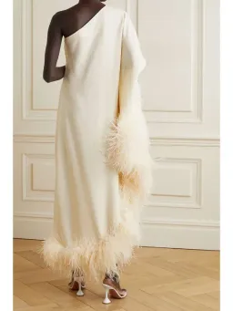 Taller Marmo Ubud One Shoulder Feather Trimmed Crepe Maxi Dress Ivory Size 38 / AU 6 for rent on The Volte - image 3