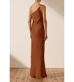 Shona Joy Luxe Asymmetrical Gathered Maxi Dress Mocha Size 6  for rent on The Volte - image 4