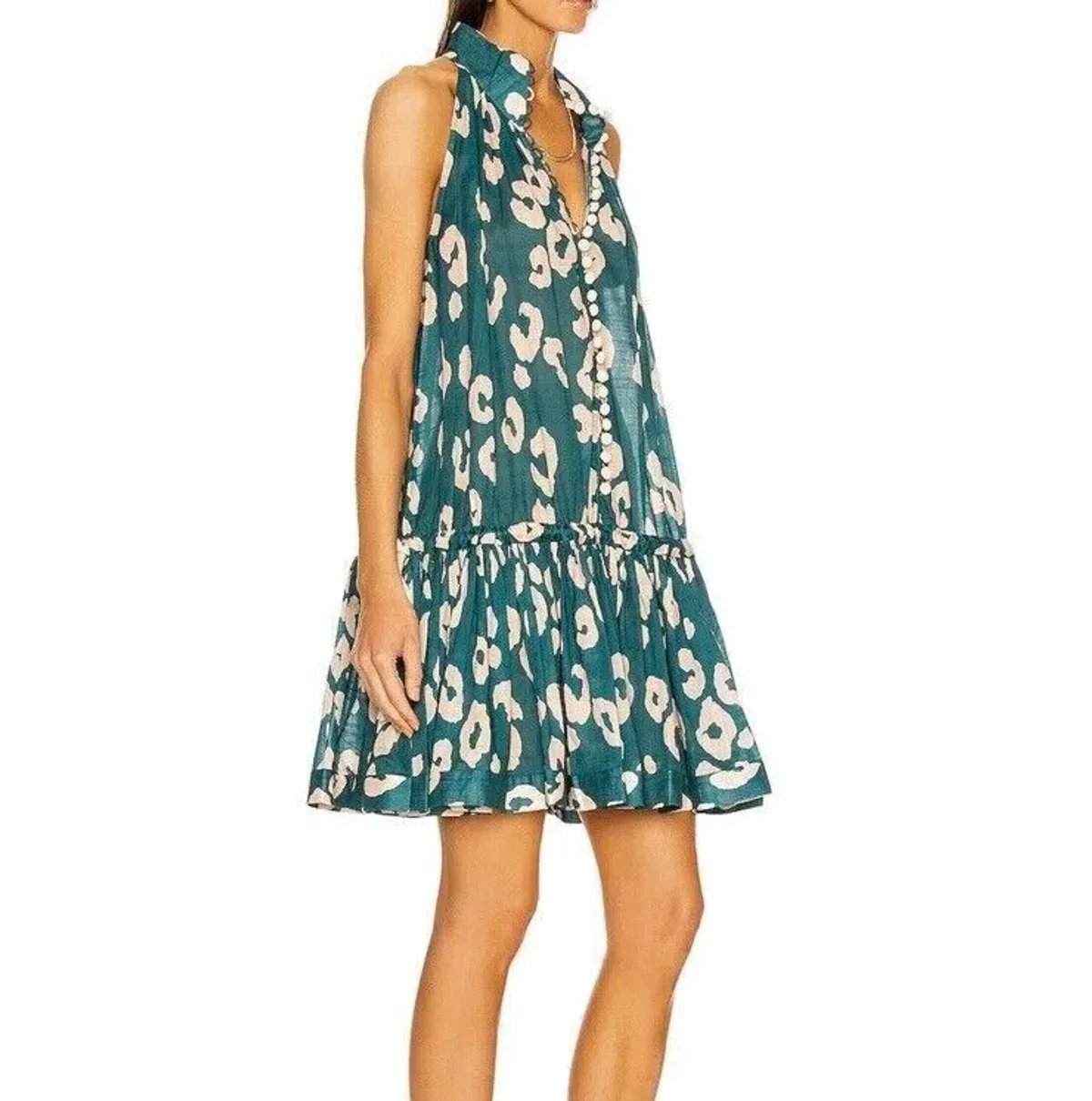 Zimmermann Shelly Swing Gathered Cotton Mini Dress Teal Leopard Print Size 0P / AU 6 / US 2 - Image 2