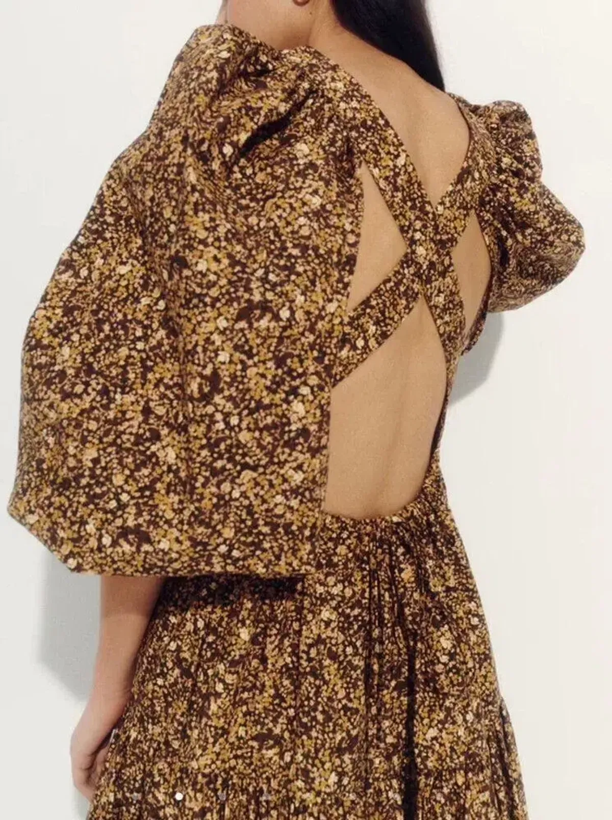 Shona Joy Dress Size 14 -Cross back Lilou Pin Tuck Midi Cotton Mimosa Brown Floral - Image 3