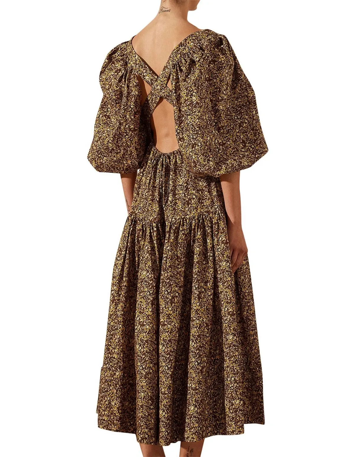 Shona Joy Dress Size 14 -Cross back Lilou Pin Tuck Midi Cotton Mimosa Brown Floral - Image 2