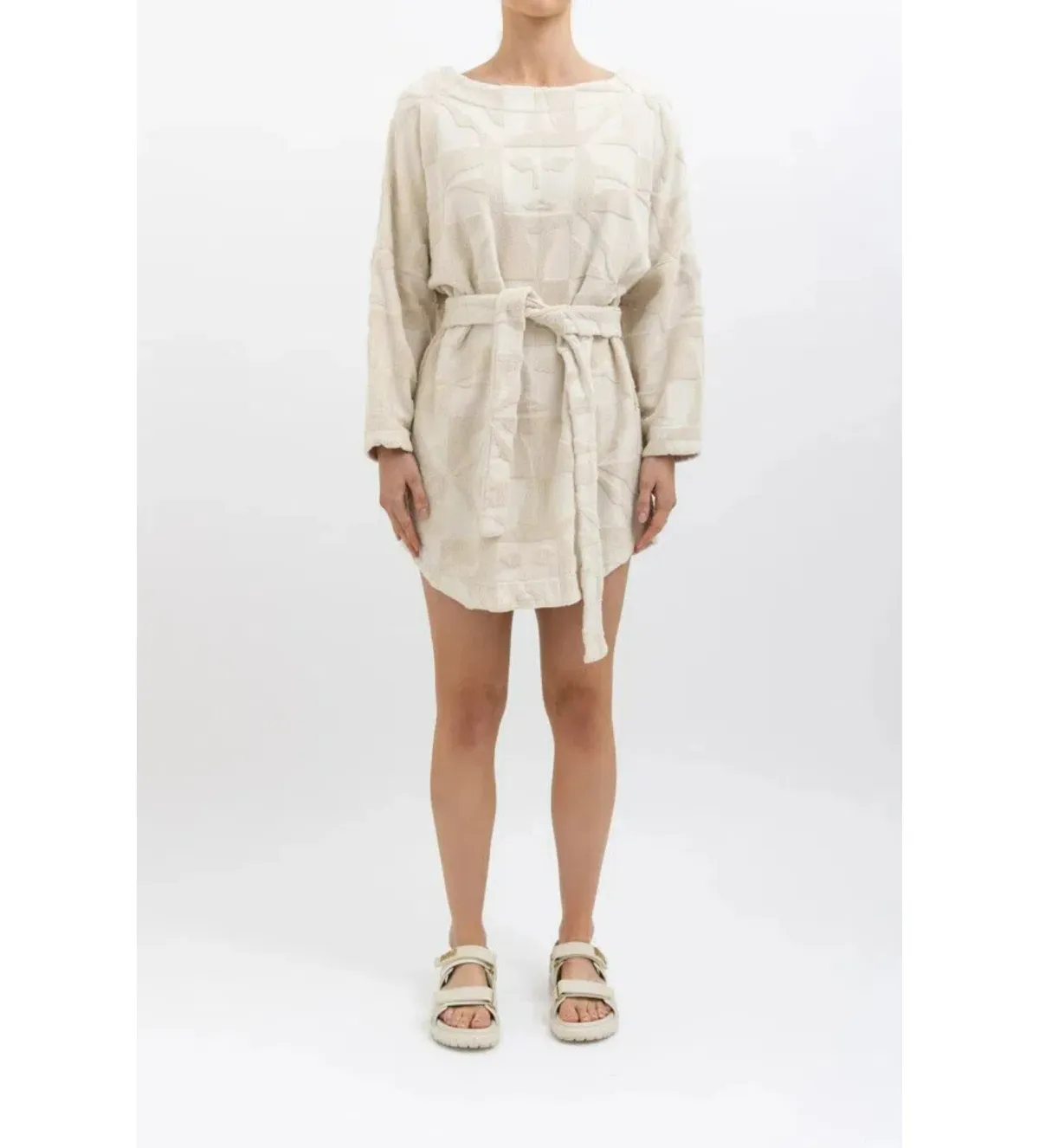 Lucy Folk Towelling Long Sleeve Mini Dress Skyline Ecru Size S / AU 8  - Image 2