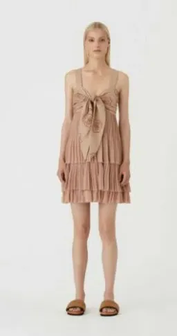 Camilla and Marc c&m Kamille Mini Dress Tiered Bow Pleated Beige Tan AU 10 / us 6 for rent on The Volte - image 1