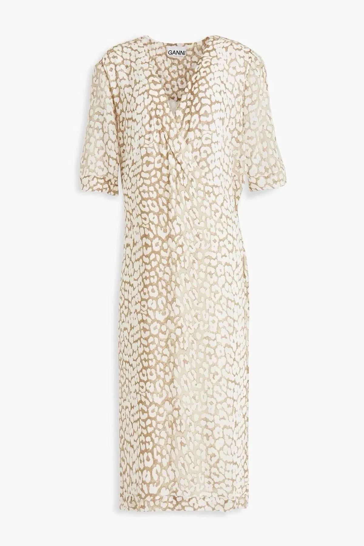 Ganni Leopard Print Crepe Midi Wrap Dress Neutrals Size 36 /  AU 8 - Image 5