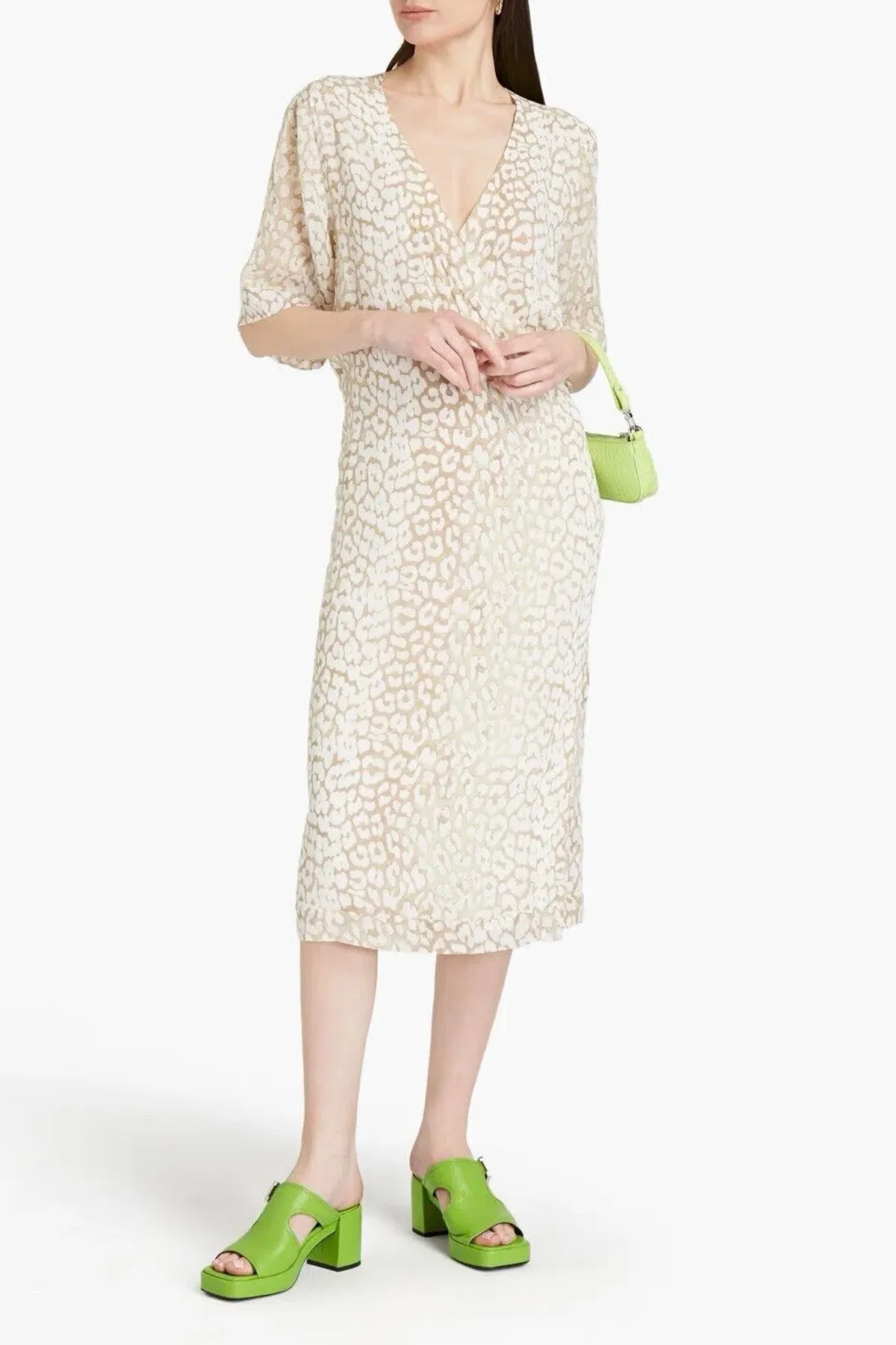 Ganni Leopard Print Crepe Midi Wrap Dress Neutrals Size 36 /  AU 8 - Image 1