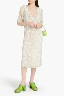 Ganni Leopard Print Crepe Midi Wrap Dress Neutrals Size 36 /  AU 8 for rent on The Volte - image 1