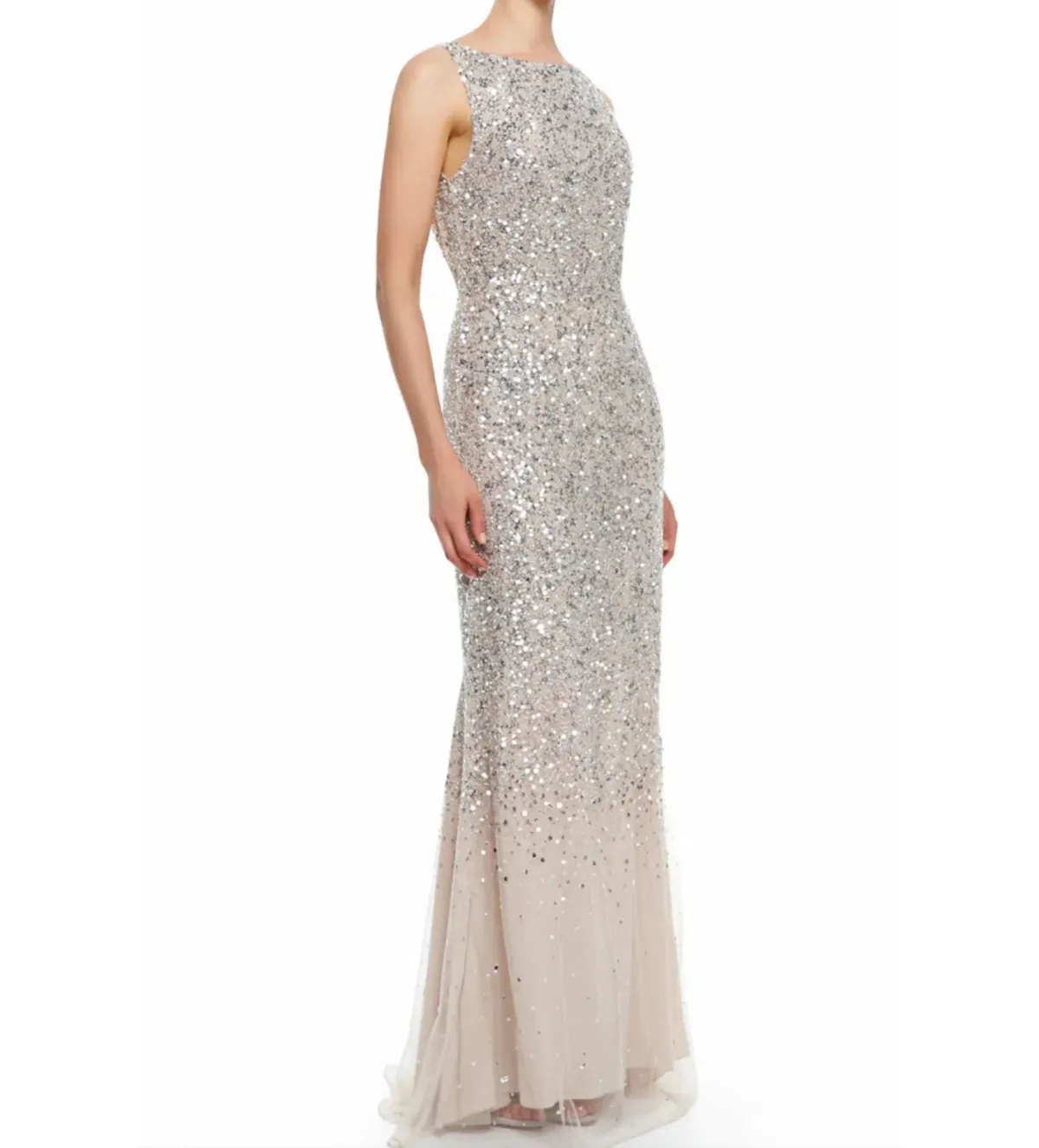 Alice + Olivia Saba Sleeveless Beaded Mesh Gown Silver Sequins on Nude Lining Size AU 4 - Image 1