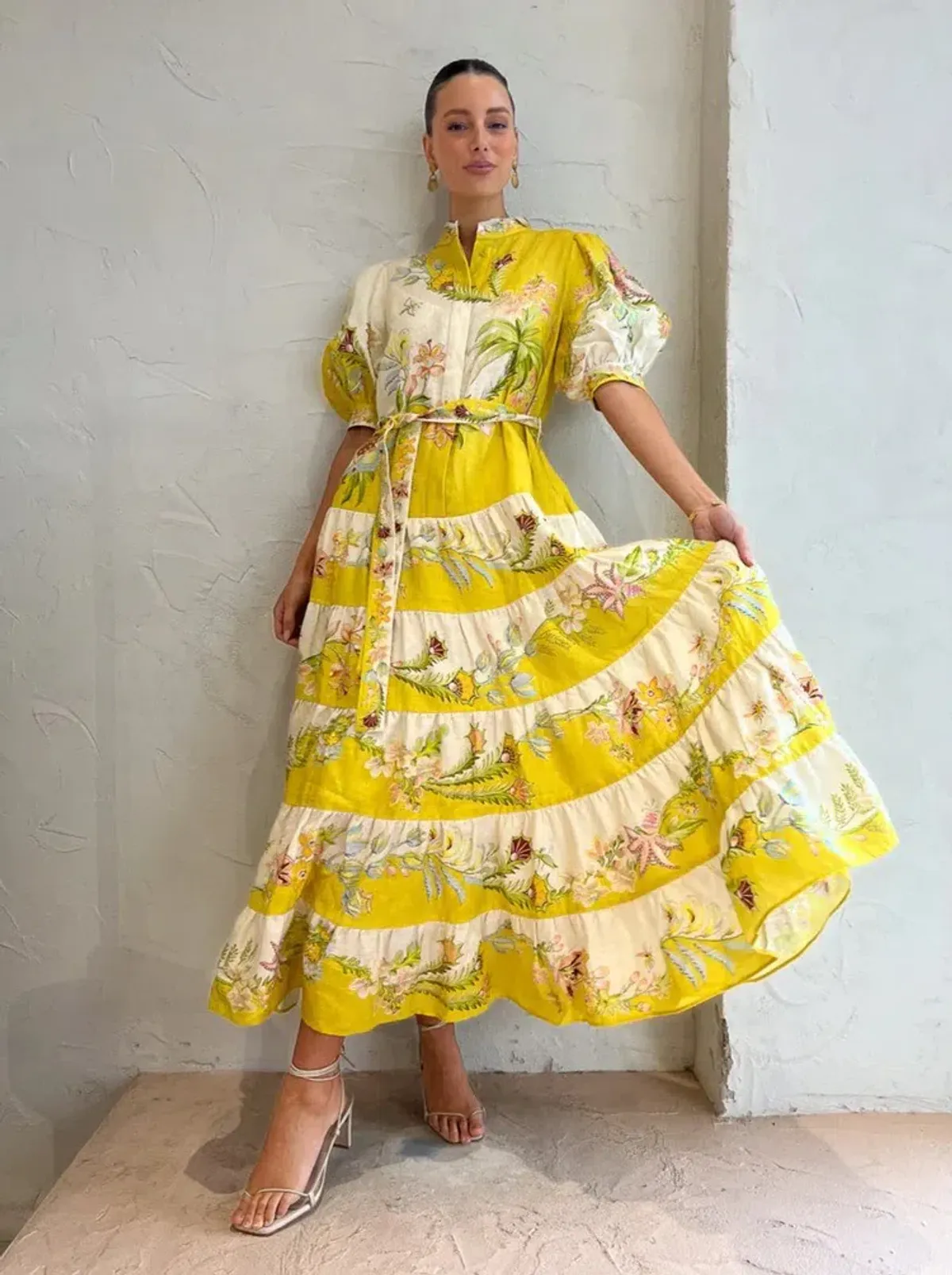 Alemais Ira Tiered Midi Dress Lemon/Cream Size AU 10 - Image 2