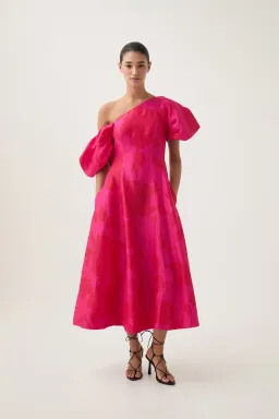 Aje Arista Tulip Sleeve Midi Dress in Florescent Rose Size AU 10 for rent on The Volte - image 1