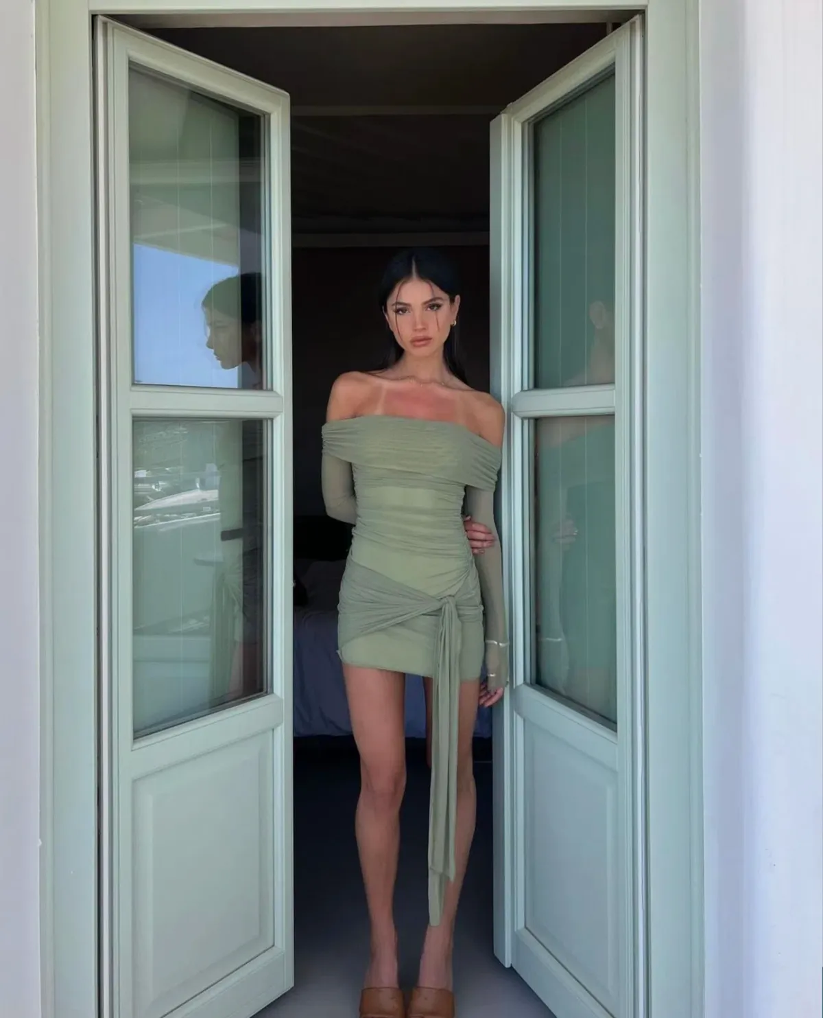 Benni Yasmin Off Shoulder Mini Dress Pistachio Size AU 8 - Image 3