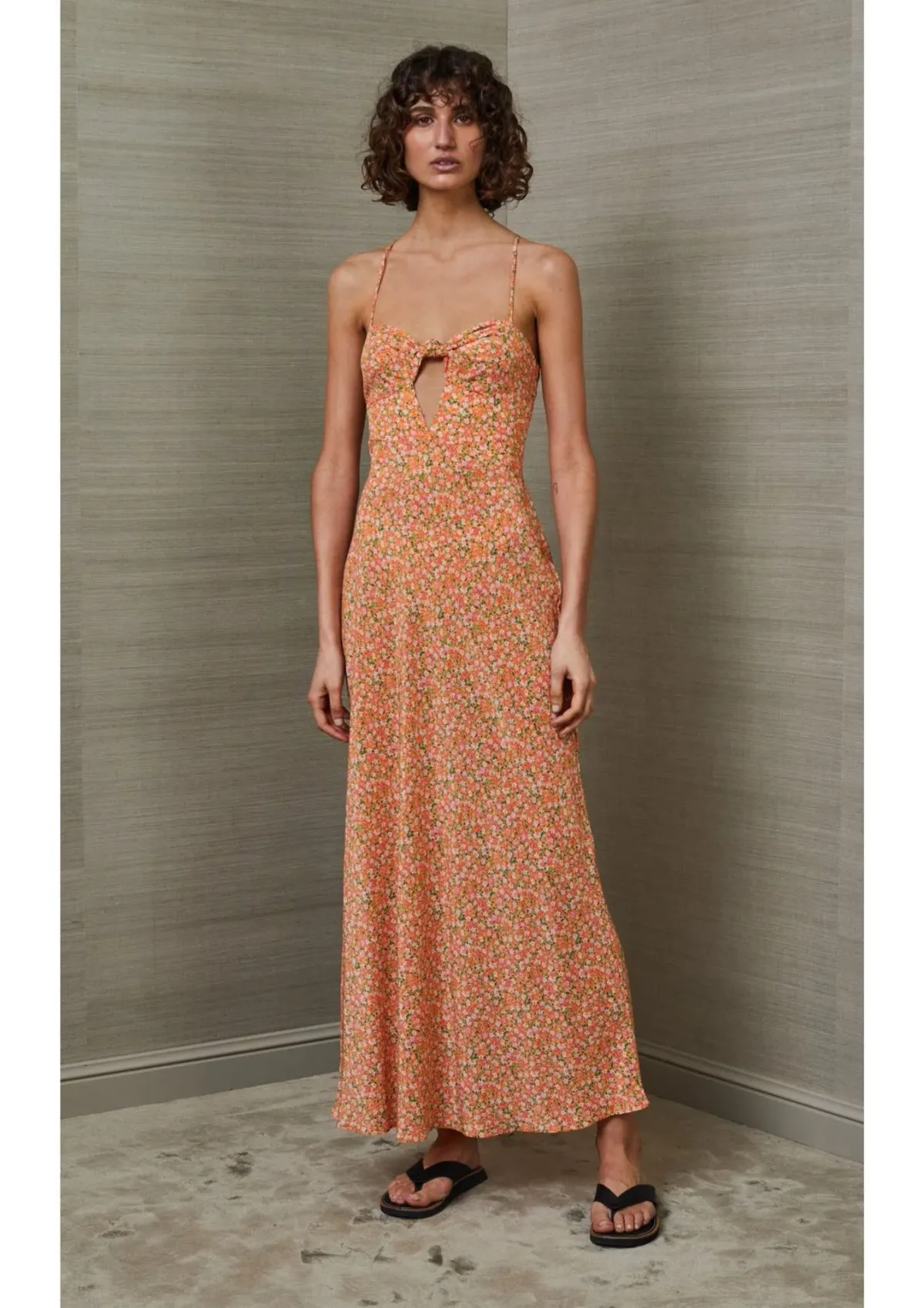 Bec & Bridge Rosie Silk Cut Out Tie Front Midi Dress Orange Floral Size 8 - Image 1