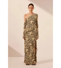 Shona Joy Hadiya Asymmetrical Long Sleeve Ruffle Maxi Dress in Hadiya Snake Print Size AU 8 for rent on The Volte - image 6