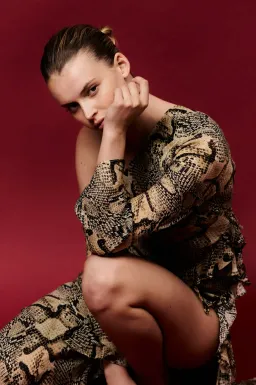 Shona Joy Hadiya Asymmetrical Long Sleeve Ruffle Maxi Dress in Hadiya Snake Print Size AU 8 for rent on The Volte - image 4