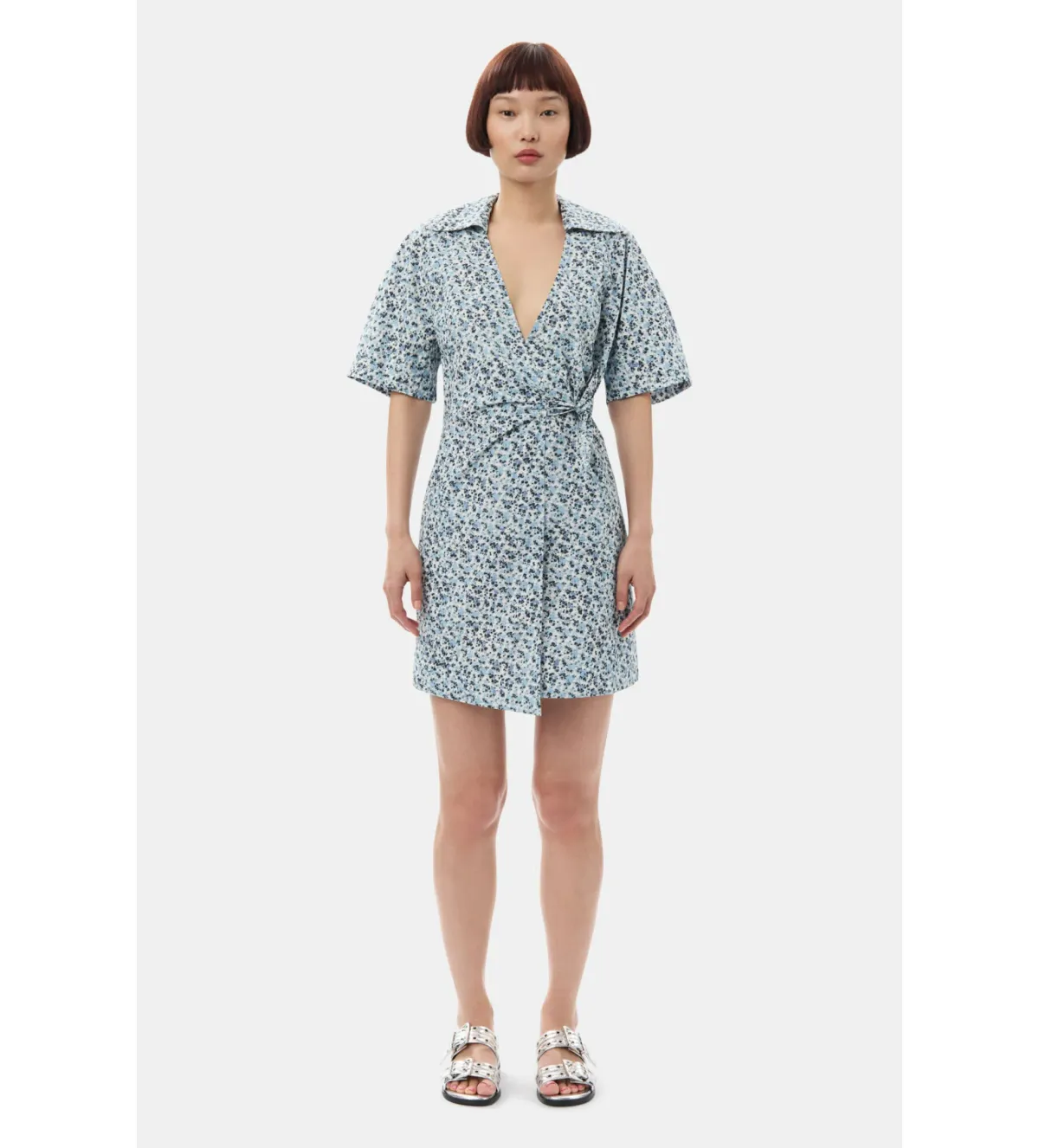 Ganni Blue Floral Printed Cotton Wrap Mini Dress in Glacier Lake Size AU 10  - Image 2