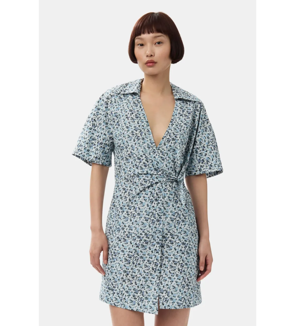 Ganni Blue Floral Printed Cotton Wrap Mini Dress in Glacier Lake Size AU 10  - Image 1