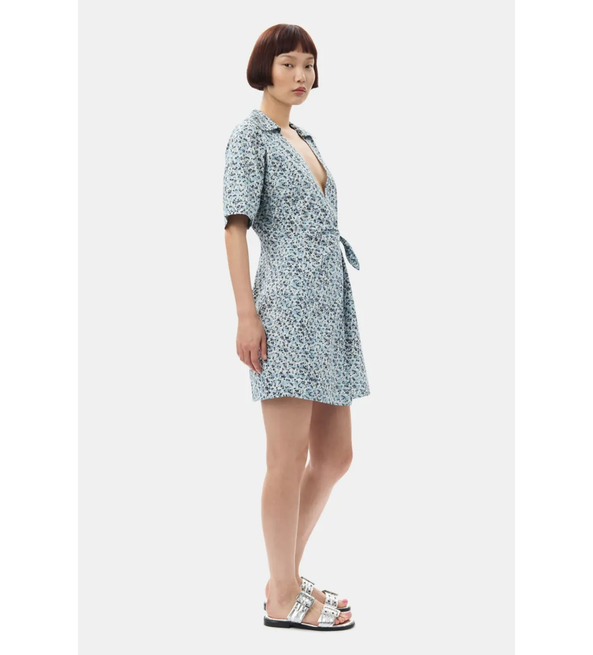 Ganni Blue Floral Printed Cotton Wrap Mini Dress in Glacier Lake Size AU 10  - Image 3
