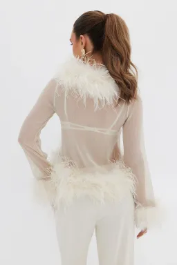 Bubish Gigi Sheer Feather Blouse & Bailey Draw Pant Set Ivory Size 8  for rent on The Volte - image 3