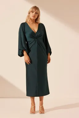 Shona Joy Luxe Balloon Sleeve Knot Front Midi Dress in Emerald Size 18 for rent on The Volte - image 1
