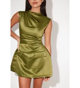 Odd Muse The Ultimate Satin Straight Neck Mini Dress in Olive Size AU 12 for rent on The Volte - image 3