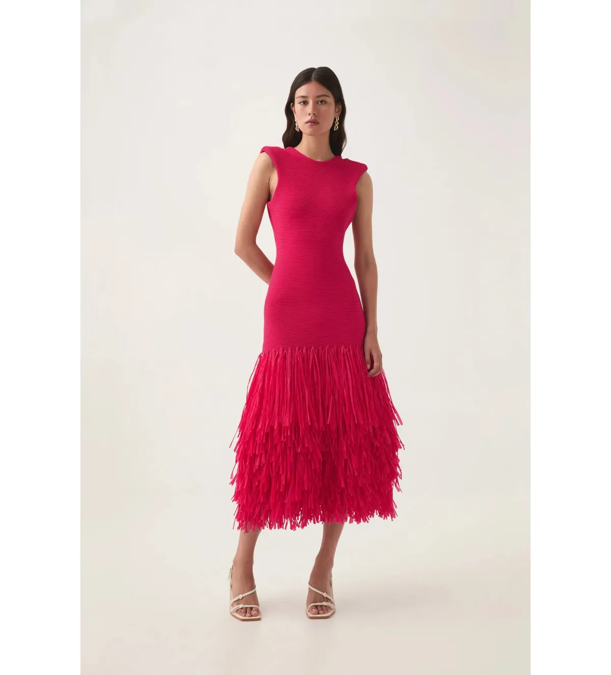 Aje Rushes Raffia Knit Midi Dress Deep Fuschia Size AU 6 - Image 1