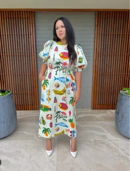 Alémais Samaki Puff Sleeve Midi Dress Print Size AU 12   for rent on The Volte - image 1