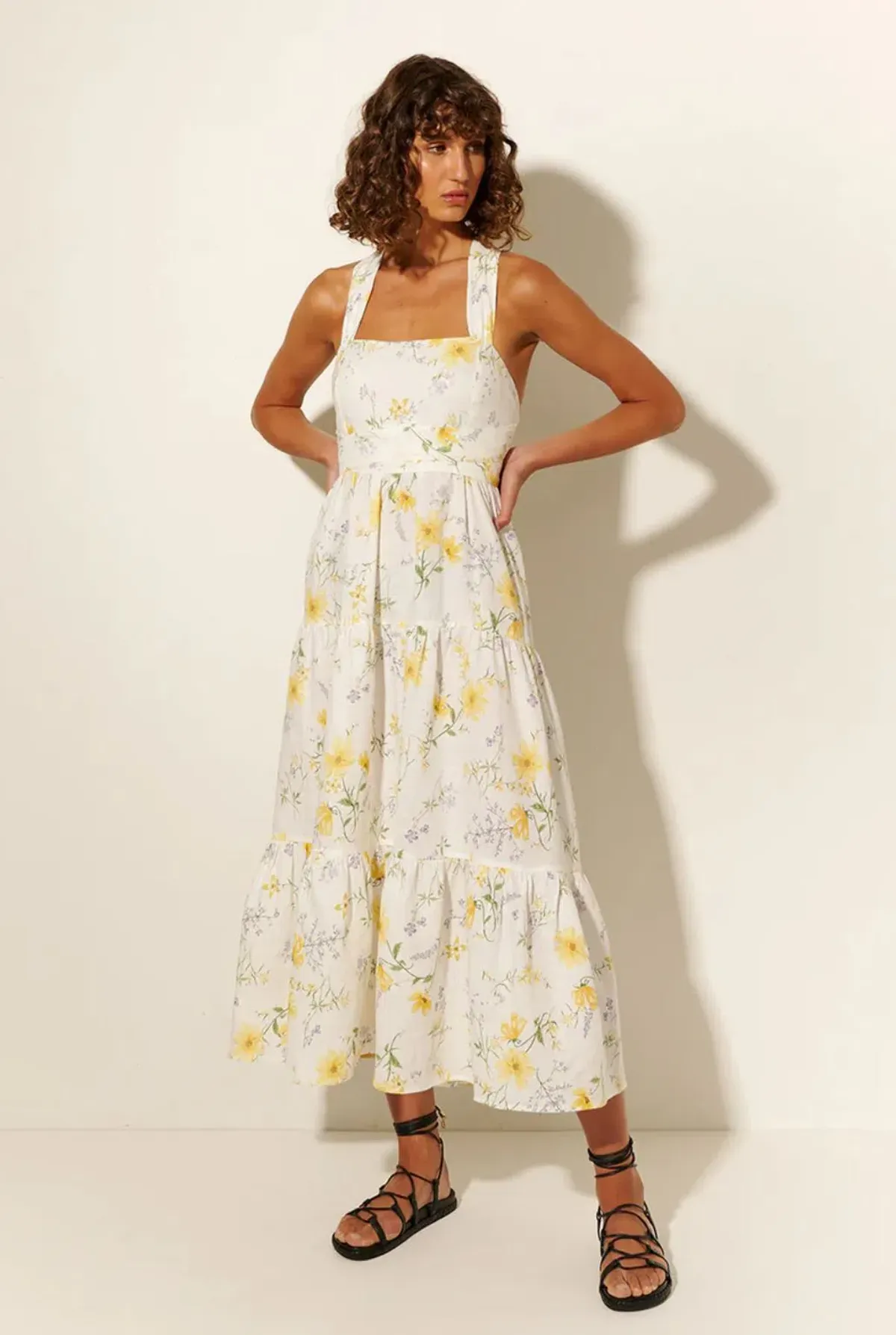 Kivari Adaline Wide Strap Linen Midi Dress Floral Size 10 - Image 1