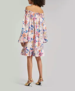 The Vampire’s Wife Mini Mob Off Shoulder Floral Print Slub Linen And Cotton Blend Dress in Baby Pink Size AU 10 for rent on The Volte - image 3