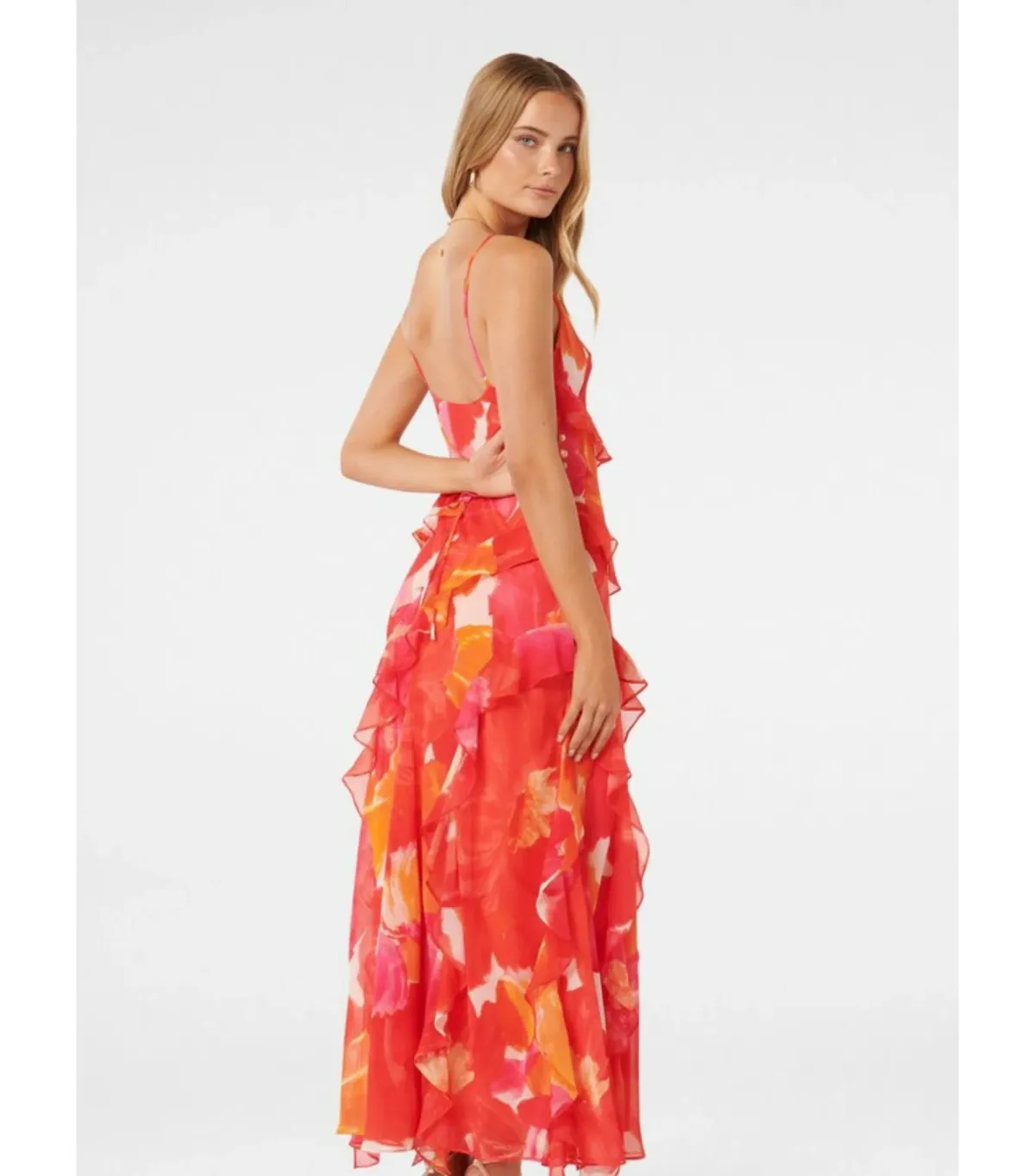 Forever New Asymmetrical Ruffle Orange Poppy Dress Print Size AU 8 - Image 3
