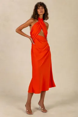Misha Linnea Satin Midi Dress Orange Size 8 for rent on The Volte - image 1