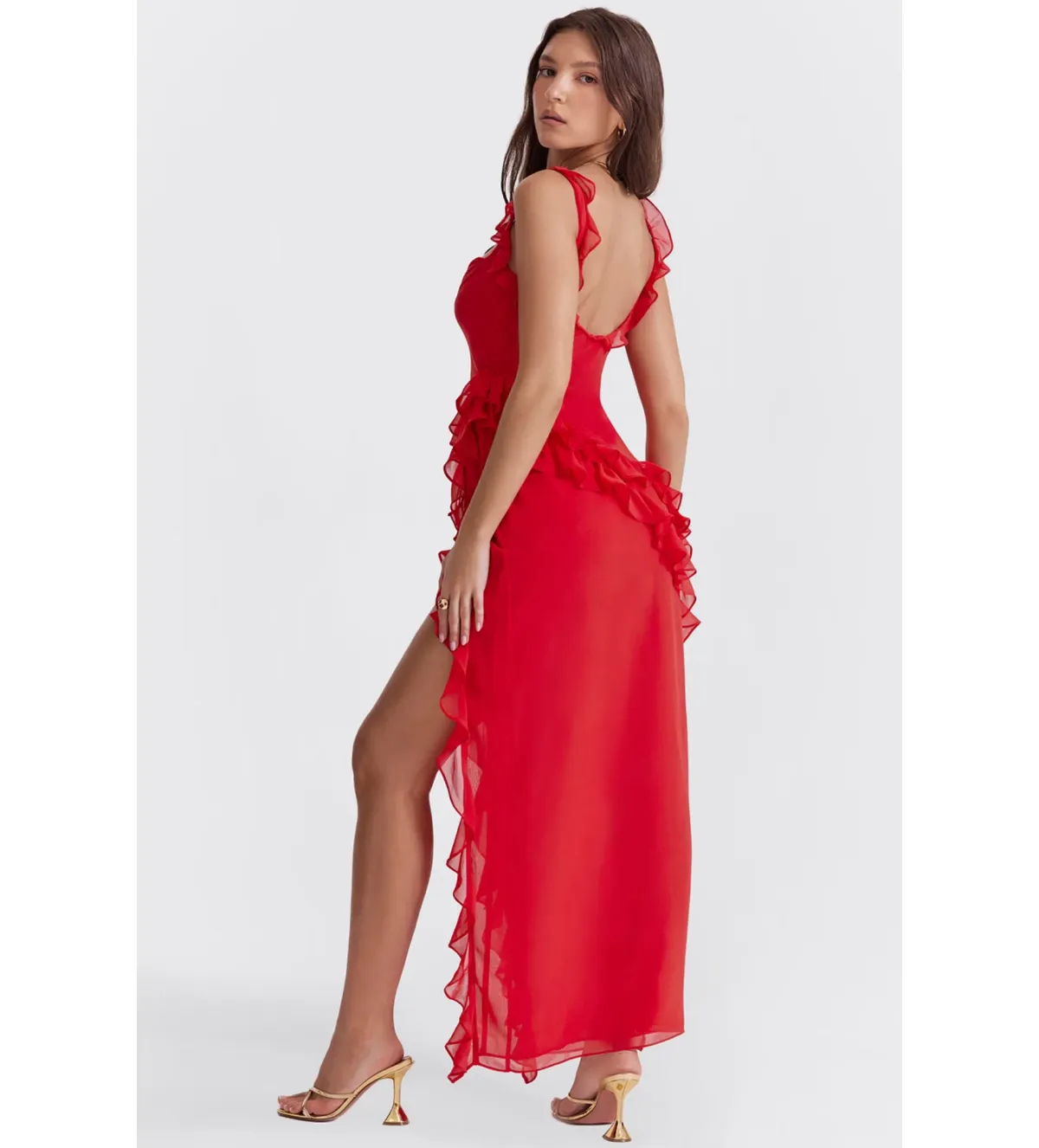 House of CB ARIELA Cherry Ruffle Maxi Dress Red Size 10 - Image 4